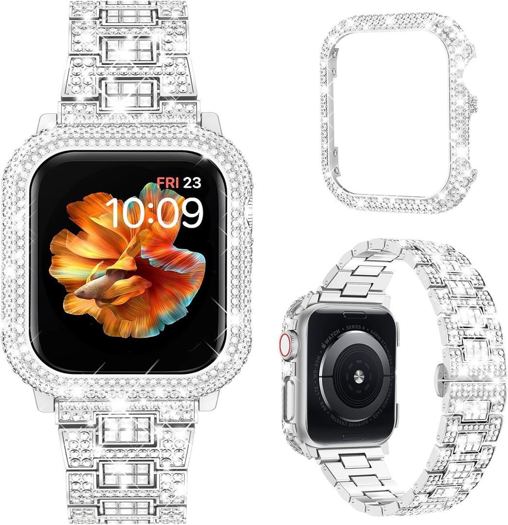 Mosonio Compatible with Bling Apple Watch Band Women 40/44/41/45/42/46mm with Shiny Metal Case, Full Sparking Luxury Diamond Bands and Cover Set, Cute Charming Strap for iWatch SE Series 10/9/8/7/6/5/4 (Silver)