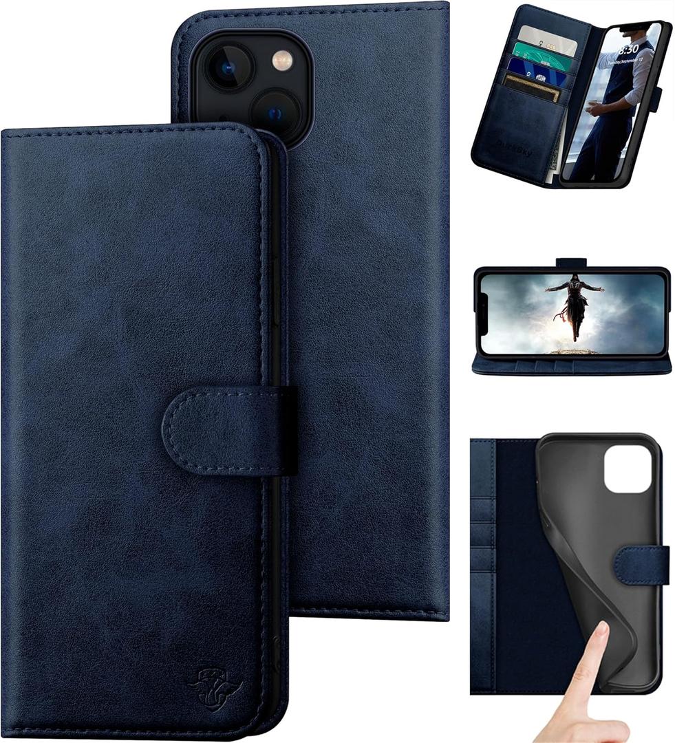 DuckSky for iPhone 14 6.1" Genuine Leather Wallet case RFID Blocking4 Credit Card HolderReal Leather Flip Folio Book Phone case Protective Cover Women Men for Apple 14 5G case Dark Blue