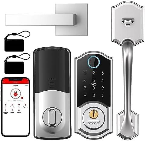 Smart Front Door Lock Set: SMONET Keyless Entry Door Lock with Handle, Front Handle Set Fingerprint Smart Deadbolt Bluetooth Electronic Digital Keypad, Alexa Unlock Silver