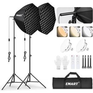 EMART Softbox Lighting Kit with Grid, 135W 25.5" Soft Box for Photography | Pull Softbox, 3000K-6500K LED Bulb with Remote Control, Photography Lighting kit for Video Recording,Streaming,Portrait-2Pack