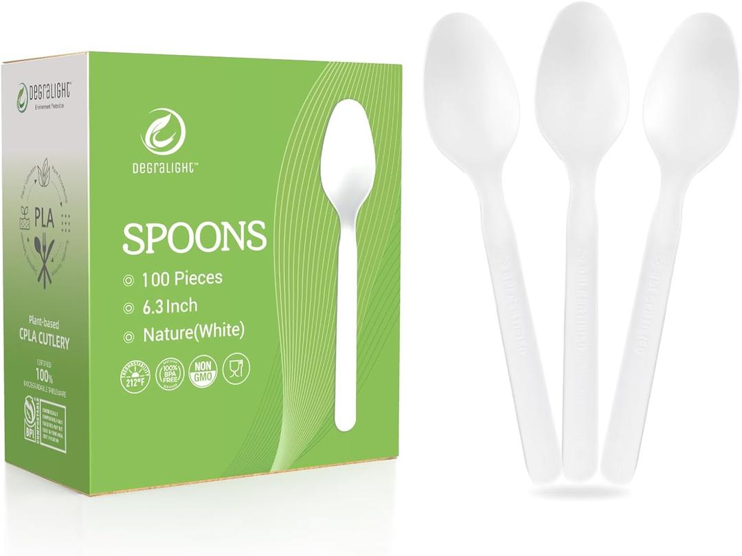 Compostable Spoons [100 Pcs] No Plastic Spoons Disposable BPI Certified BPA-Free, Heat Resistant, Heavy Duty Biodegradable Spoons Disposable Utensils for Daily, Party & Camping