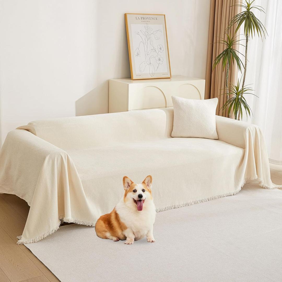 MYSKY HOME Boho Couch Cover Beige Sofa Covers with White Tassel Farmhouse Sofa Slipcover Simple Couch Protector for Dogs Chenille Sectional Couch Covers L Shaped Couch Cushion Covers, 91"x 134"