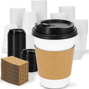Clawsoff 100 Pack 12 oz Disposable Coffee Cups with Lids and Insulated Sleeves, Leak-free Paper and Sturdy Thick Paper Hot to Go Coffee Cups with Lids for Cold/Hot Beverage (White)