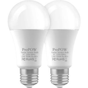 2 x Radar Motion Sensor Light Bulbs, A19 12W (100 Watt Equivalent) Daylight E26 Outdoor Auto on/Off Motion Detector Lights for Outside, Porch, Garage, Driveway, Patio,(1100LM, 2-Pack)