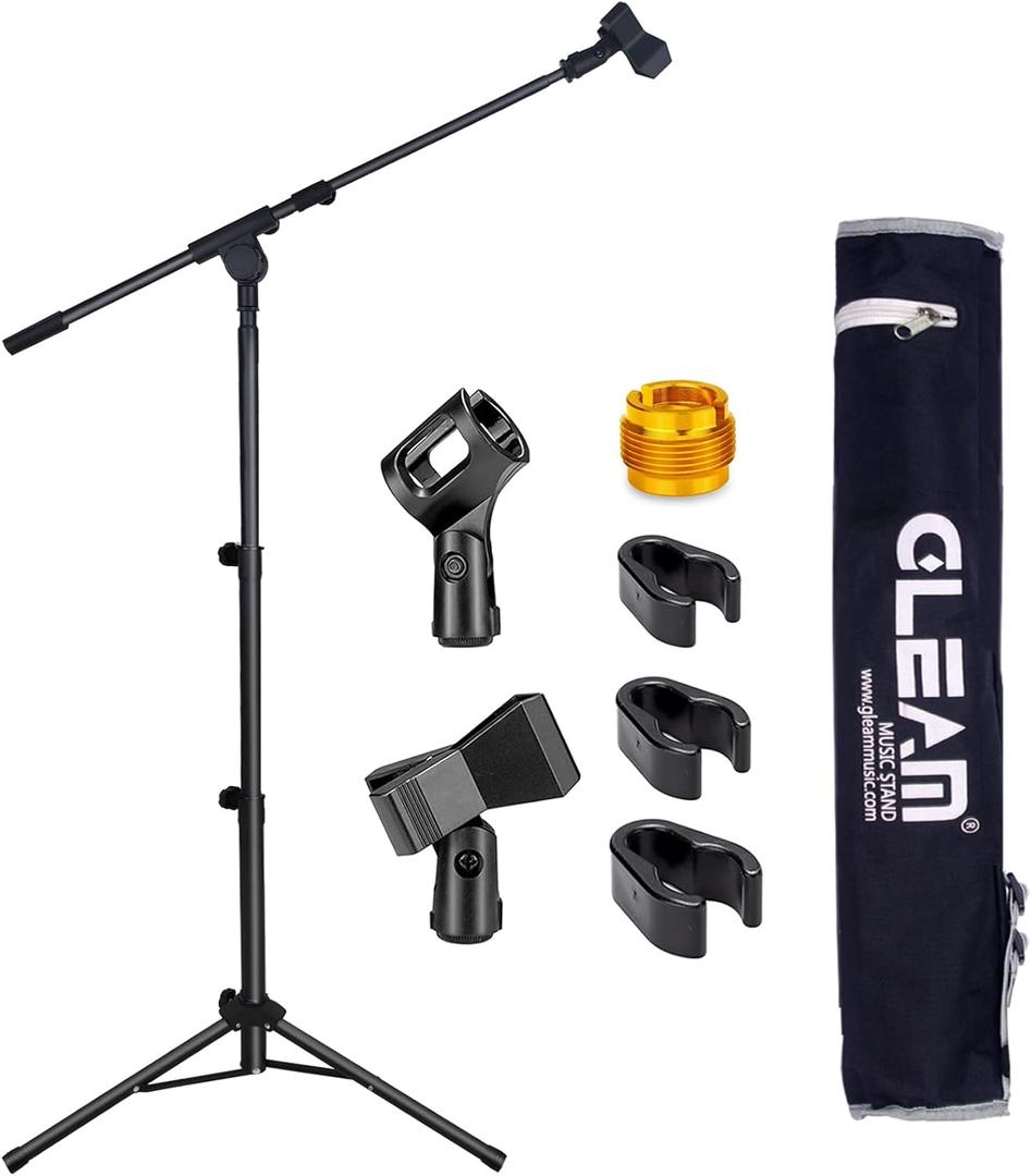 GLEAM Microphone Stand for Light Microphone less than 1 LB - Tripod Boom Arm Mic Stand with Carrying Bag, 2 Mic Clips and Screw Adapter Portable for Singing Performance Wedding Stage and Mic Mount