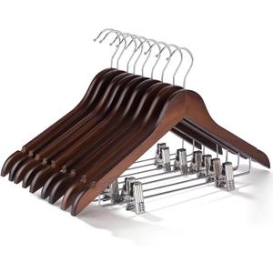 Wooden Hangers with Clips 24 PCS Pant Hangers with Clips,Smooth Solid Wooden Pants Hangers,360 Swivel Hooks & Adjustable Clips,for Jeans,Skirt,Suit,Shorts,Scarf.（Walnut）