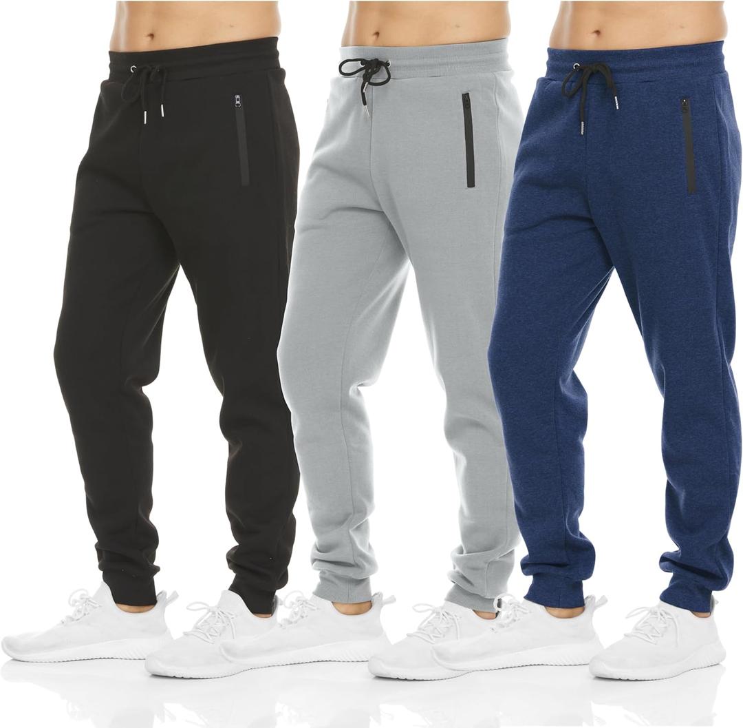 PURE CHAMP Mens Sweatpants 3 Pack Fleece Active Athletic Workout Jogger Sweatpants for Men with Zipper Pocket Size (Medium, Black, Solid Gray, Navy Melange)