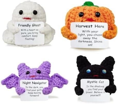 Muyiz 4 Pack Knitted Wool Halloween Toys with Positive Card Crochet Dolls for Halloween Party Favors Treat Bags Cheer Up Gifts( 10 packs)