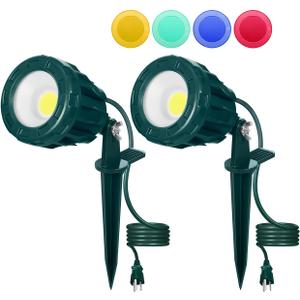 120V Christmas Spotlight Outdoor, 10W LED Spot Light with 4 Extra Lenses (Red Green Blue Yellow), Waterproof Landscape Spotlights for Holiday Decorations, 5FT Extension Cord