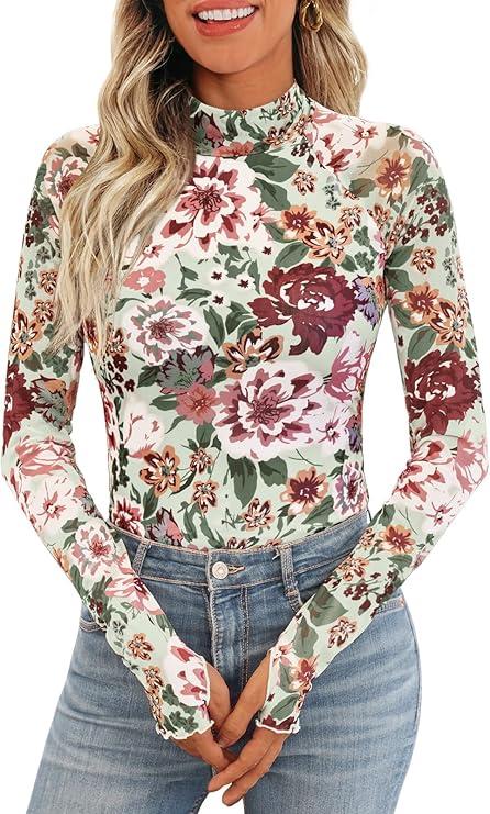 Dealmore Floral Mesh Mockneck Tops Trendy Going Out Tops fot Women with Thumb Hole Fashion Fall Outfits 2024, Floral Spice, M