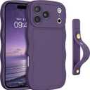 GUAGUA for iPhone 17 Pro Case with Wrist Strap, Wavy Edge Phone Case Cute Curly Shape with Adjustable Wristband Kickstand Shockproof Anti Slip Phone Case for iPhone 17 Pro 6.3'', Deep Purple