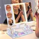 Trifold Makeup Mirror with Lights and Magnification 3X, 5X, 10X, Clear Cosmetic Storage Organizer, 3 Way Lighted Vanity Mirror, 3 Color Changing Dimming Touch Tabletop Mirror