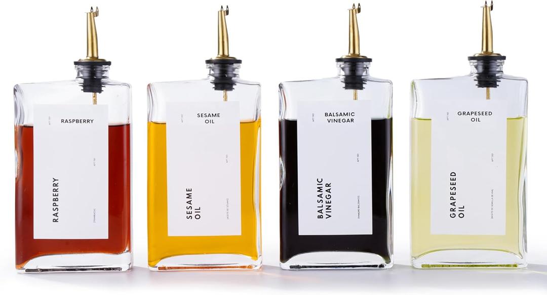 APT 1101 Olive Oil Dispenser for Kitchen, Cooking Oil and Vinegar Dispenser Set, Olive Oil Bottle, Soy sauce dispenser, coffee syrup bottles with stainless steel pourers - 4 pcs, Gold