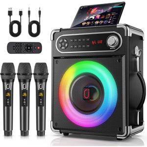 HWWR Karaoke Machine with 3 Wireless 0-Delay Microphones for Adults, Portable Bluetooth Speaker with 5.25" Woofer & 2" Tweeter, PA System Bass/Treble/Echo Control Supports TWS/FM/TV/AUX/USB/TF/REC