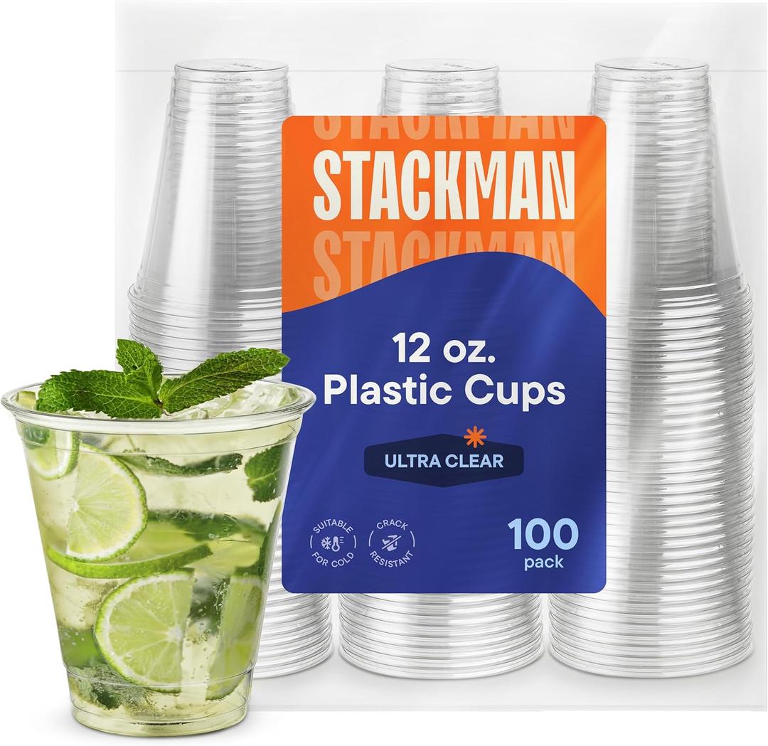 Stack Man [100 Pack - 12 oz.] Clear Disposable Plastic Cups PET Crystal Clear Disposable 12oz Plastic Cups