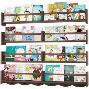 ECOOCE 34Inch Nursery Bookshelves,Set of 4,Wall Floating Shelf Kids Coat Rack with 6Hooks,Hanging Book Shelf for Baby Nursery Room Décor (Dark Brown, 34)