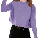 Girls Long Sleeve Crop Tops Kids Fashion Loose Crew Neck Cropped T-Shirts Casual Basic Tees Purple (160)