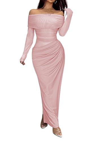 Unybwonn Women Sexy Off Shoulder Mesh Maxi Dress Long Sleeve Ruched Party Formal Stretch Elegant Party Club Long Dresses (Small, Green)