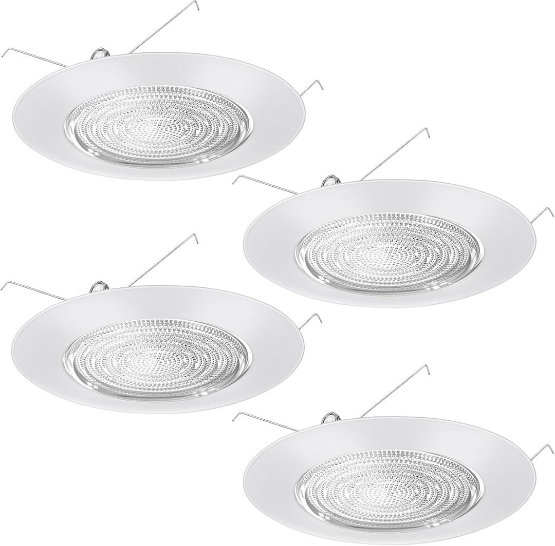 4 Pcs 6 Inch Shower Trim for Recessed Light Cover White Bathroom Light Cover Replacement with Fresnel Glass Lens Waterproof for Wet Locations Ceiling