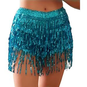 Yollmart Women's Sequins Tassel Skirts Shorts Booty Dance Festival Bottoms (Blue)