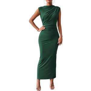 BTFBM Women's Ruched Bodycon Dress Summer Casual Sleeveless Lightweight Back Slit Elegant Club Party Cocktail Maxi Dresses (Large, Dark Green)
