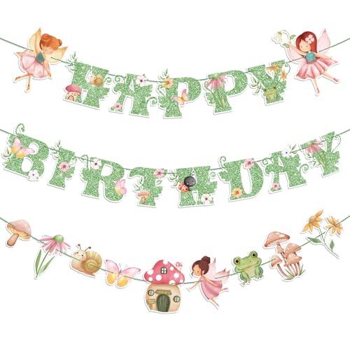 Daifunli 3 Pcs Fairy Birthday Party Decorations Green Glitter Happy Birthday Banner Colorful Hanging Decor Funny Banner Cutout Garland for Themed Decorations Bridal Shower Garden Party Supplies