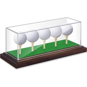 Golf Ball Display Case for 5 Balls Clear Acrylic Lid with Wooden Base and Tees, Memorabilia Stand Holder, Dustproof Transparent Storage Box for Golf Ball Collections Gifts Decor