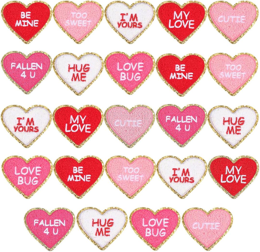 Juexica 24 Pcs Heart Shaped Iron on Patches Glitter Chenille Love Applique Embroidered Appliques Valentine's Day Transfers Sew on Fabric Patch for Clothes Jackets Backpack Hat Decoration(Classic)