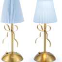 2 Pack Small Gold Bow Table Lamp 12 Inch for Girl's Bedroom Cute Coquette Bow Table Lamp with Fabric Shade Modern Decorative Bedside Light Small Princess Desk Lighting Boho Living Room (Blue)