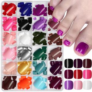 Press on Toenails for Women, 576pcs Toe Nail Press ons Acrylic Toe Press on Nails 24 Color Fake Toenails 12 Sizes Square Toenail Press ons with Glue and Adhesive Tabs