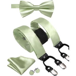 Hi-Tie Men Suspender Bowtie Set Suspenders Pre-tied Bow Tie Pocket Square Cufflinks Adjustable Y Shape 6 Clips Braces Tuxedo