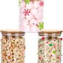 Blushtier 3 Pcs Christmas Glass Storage Jars with Airtight Bamboo Lid 3 Style 18.6 oz Xmas Clear Decorative Canisters Set for Winter Home Kitchen Countertop Christmas Party Supply (Candy Cane Design)