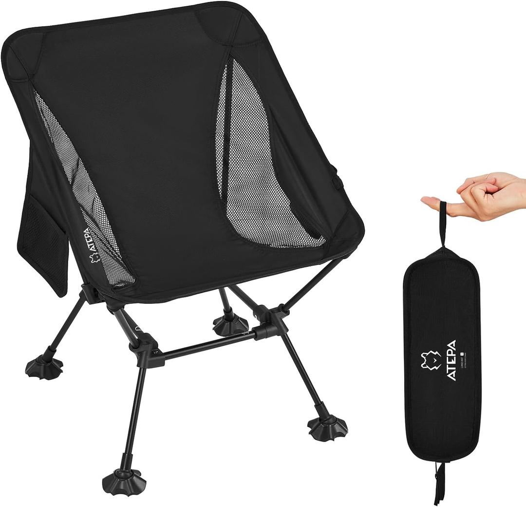 ATEPA Backpacking Chair, Ultralight Folding Portable Small Camping Chairs for Adults Compact Foldable Beach Seat with Anti-Sinking Feet & Aluminum Frame for Outdoor Hiking Travel Fishing (#QE 1 Pack Black)