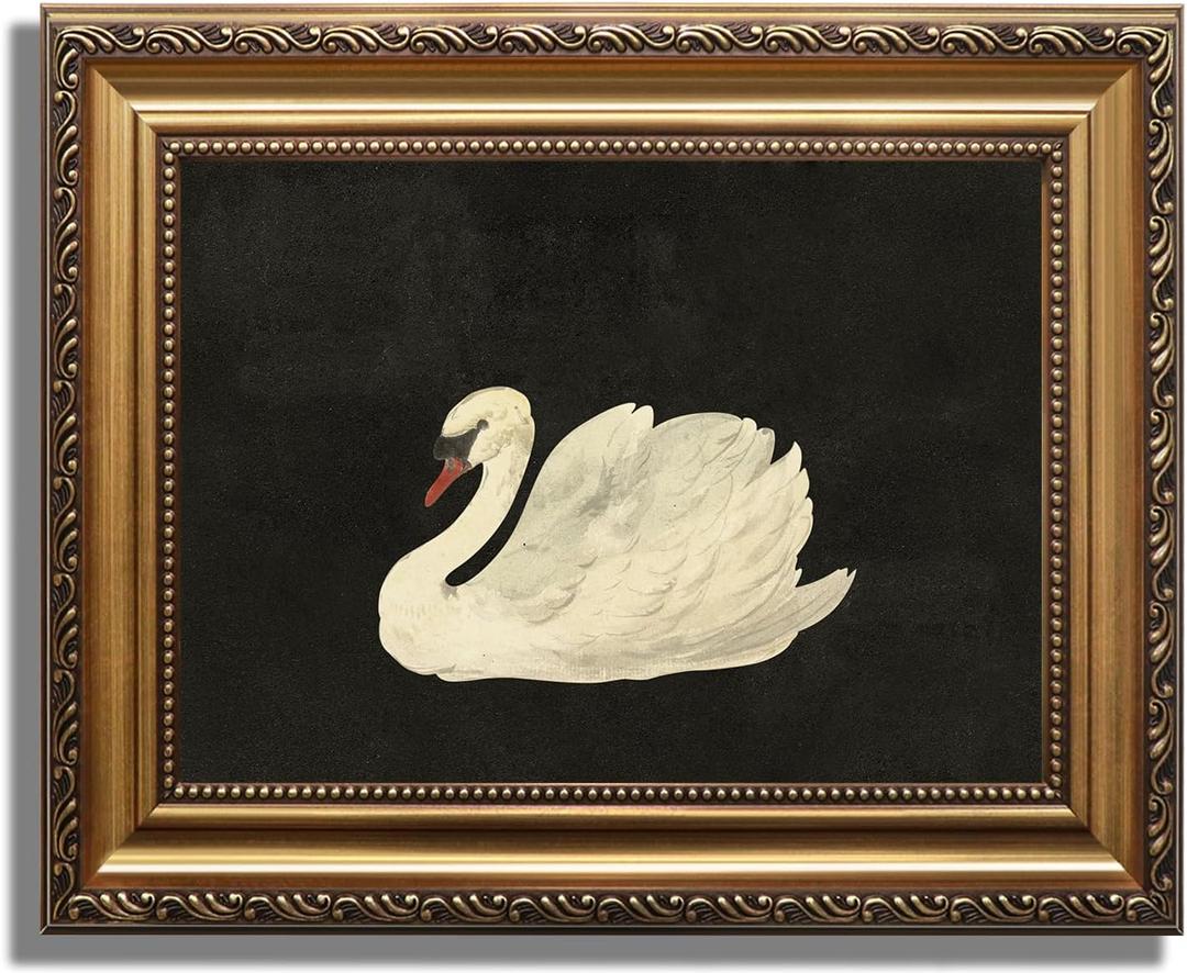KBKBART Vintage Framed Wall Art for Living Room, White Swan Vintage Painting Canvas Wall Art Prints for Bathroom Wall Decor, Classical Gold Framed Animal Vintage Wall Decor Aesthetic for Bedroom, 9x12