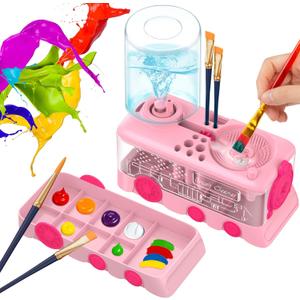 Paint Brush Cleaner with Paint Tray, Upgraded Cartoon Painting Supplies with Drain and Brush Holder, Water Circulation Paint Brush Cleaner Tool for Acrylic, Watercolor, Water-Based Paints (A2-pink)