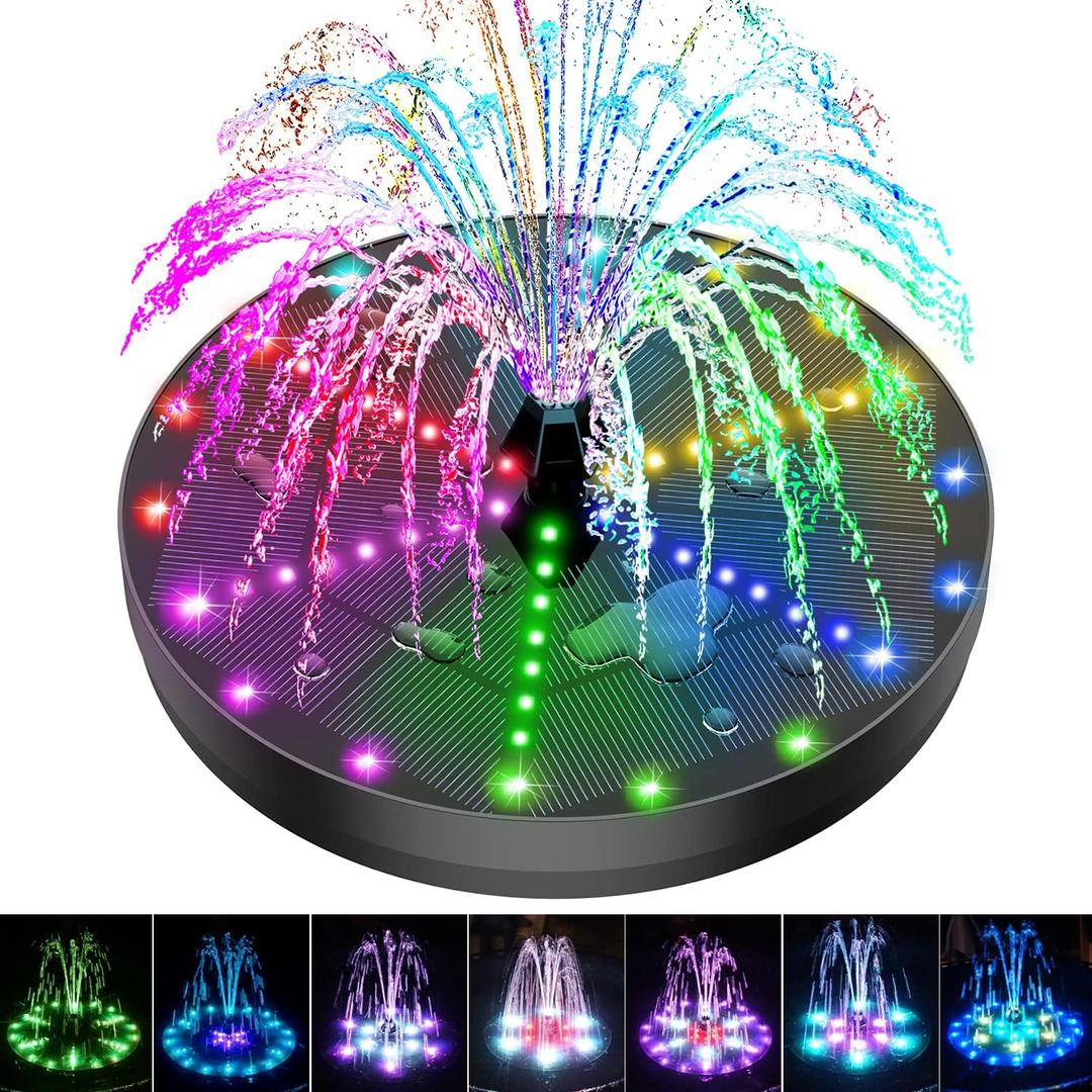 Solar Bird Bath Fountains Upgraded, 4W Solar Powered Water Fountain Pump with 4000 Battery, 7 Nozzles & 4 Fixers, Colorful LED Lights for Garden, Swimming Pool, Pond, Fish Tank and Outdoor