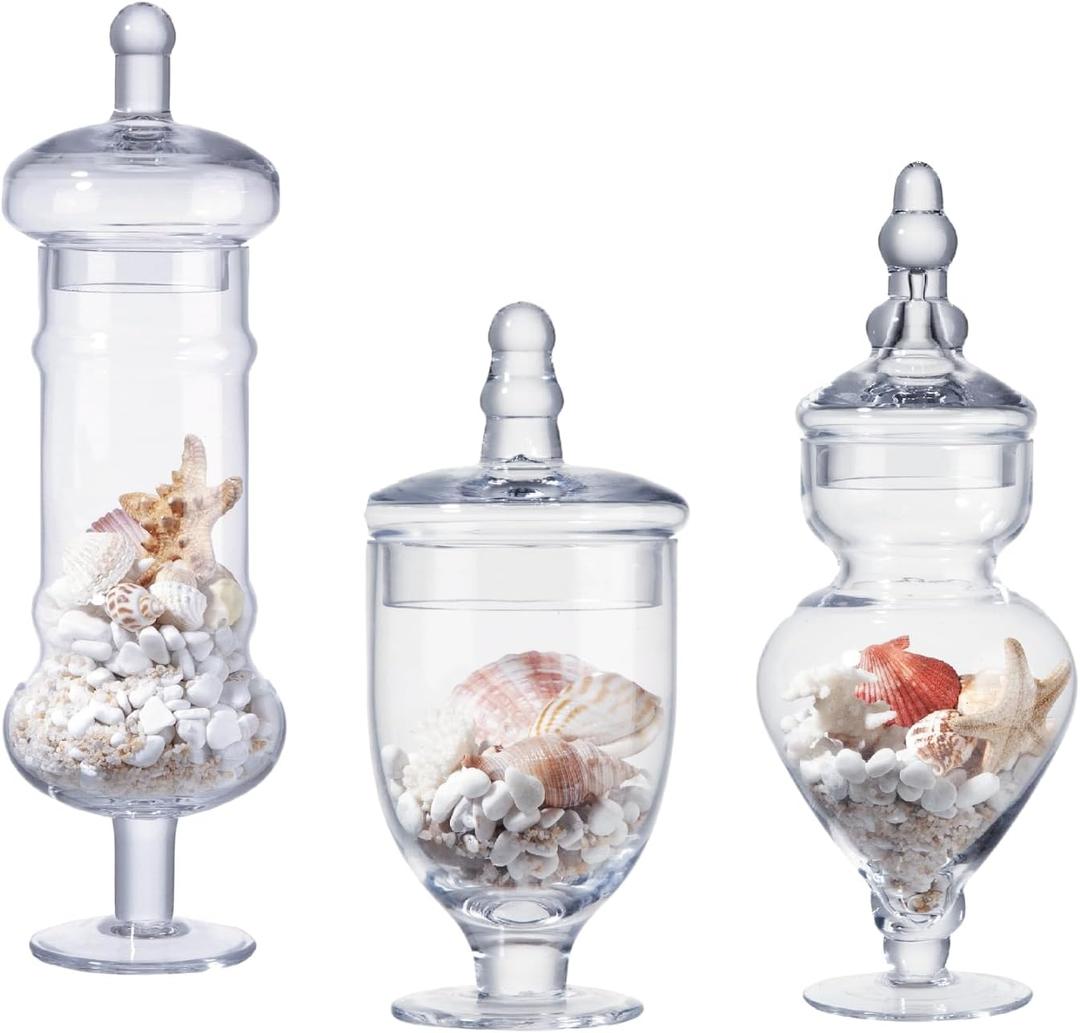 Set of 3 Apothecary Jar Glass Decorative Candy Jars Elegant Storage Candy Buffet Display, Wedding Candy Organizer Canisters (H: 9", 12.5", 14"; 20 FL.OZ, 23 FL.OZ and 28 FL.OZ) (Clear)
