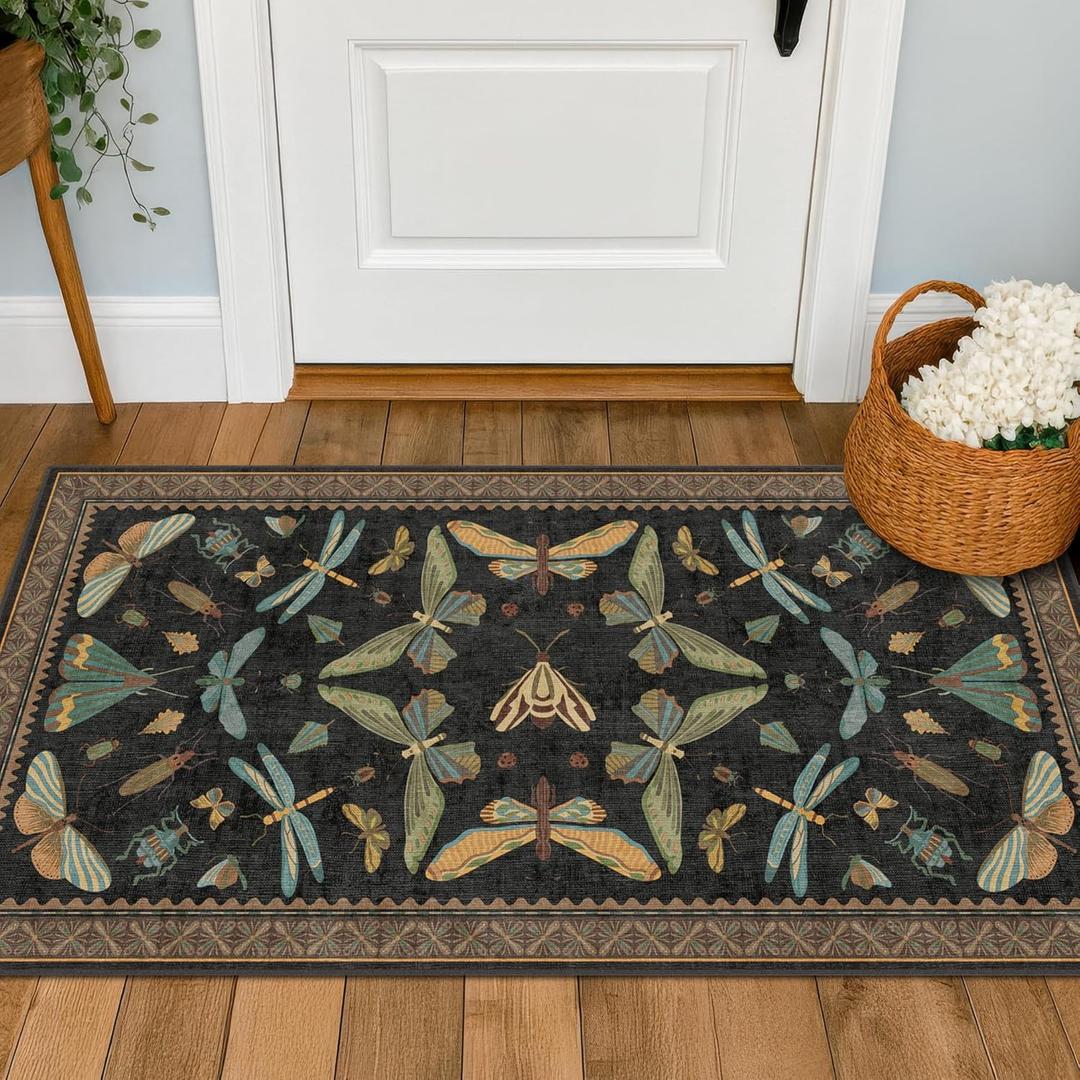 Small Black Entryway Runner Rug - 2x4 Front Door Rug Indoor Entrance, Small Waterproof Carpet for Kitchen Floor, Bathroom, Powder Room, Washable Low Pile Non Slip, Insect Print Multi Color Home Dcor
