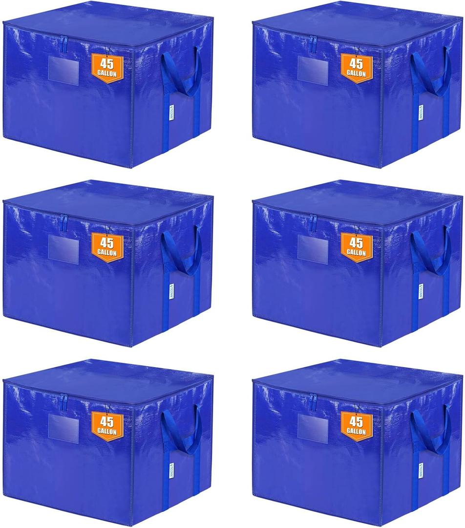 TICONN 6 Pack Extra Large Moving Bags with Zippers & Carrying Handles, Heavy-Duty Storage Tote Moving Boxes for Space Saving (6 PK, 45 Gallon)