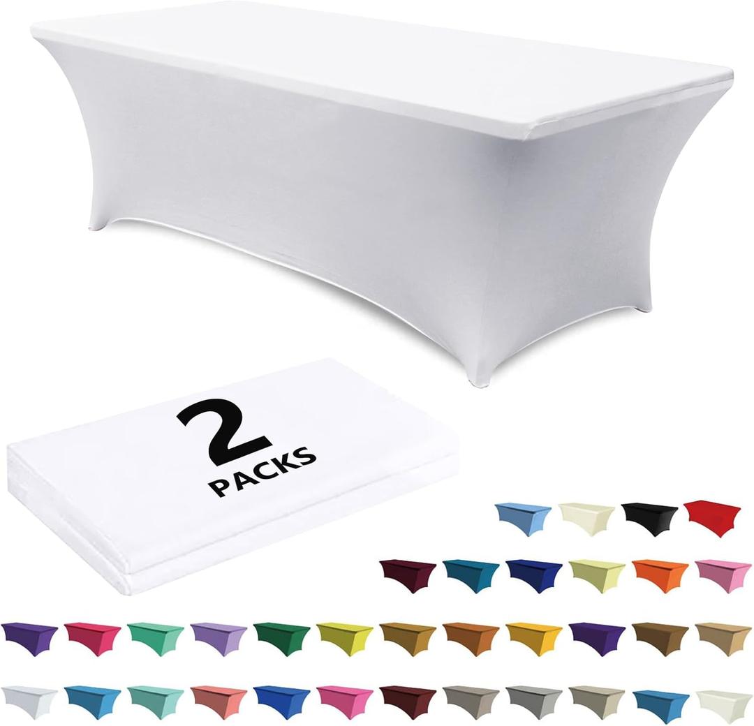 ABCCANOPY 2 Pack 6 FT White Spandex Table Cover Stretch Fitted Wrinkle Resistant Tablecloth Reuse for Rectangular Folding Table Patry Event Wedding Banquet Protector