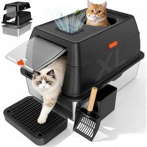 Extra Large Stainless Steel Litter Box with Lid, High Sided Enclosed Metal Cat Litter Pan, Dog Proof Front Entry Top Exit, Odor Control Easy Clean Leak Proof, Includes Scoop & Step, Black