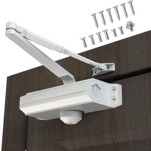 Automatic Door Closer Heavy Duty Fire Prevention Spring Hydraulic Aluminum Alloy Surface Mounted Residential Commerical Door Closer Hold Open Adjust Speed Door Weights 99-187 Lbs Size2-White