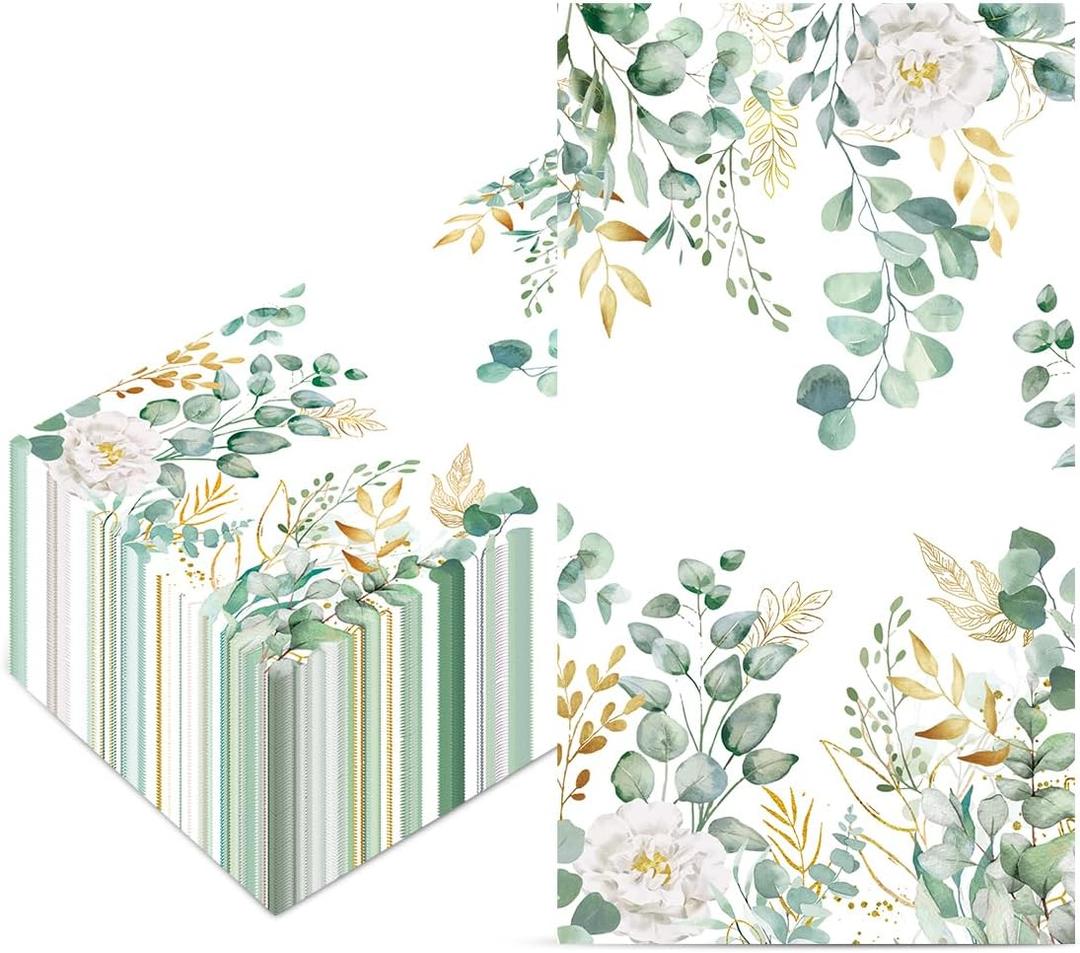 100Pcs Floral Paper Napkins Greenery Wild Flower Napkins Paper Disposable Guest Bathroom Hand Towels Decorative Green Eucalyptus Dinner Napkins for Bathroom Baby Shower Party Supplies Table Decor