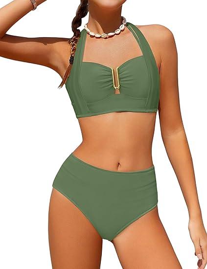 Girls Swimsuit Girls Bathing Suits Size 8-10 Halter 2 Piece Bikini Set V-Neck Cutout Solid Bathing Suit Padded High Waisted Swimwear Girl Size 10 Swimsuit Green
