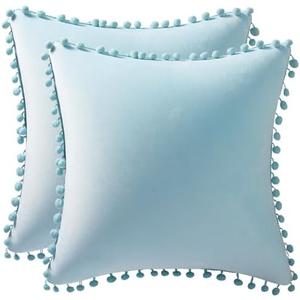 DEZENE Throw Pillow Cases 16x16 Light-Blue: 2 Pack Cozy Soft Pom-poms Velvet Square Decorative Pillow Covers for Farmhouse Home Decor