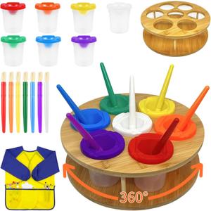 Paint Cups with Lids for Kids, 7pcs Spill Proof Painting Cups with Rotating Holder Toddler Paints Brushes No Spill Paint Cups with Kids Art Smock Paint Containers Art Supplies for Classrooms