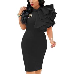 XXTAXN Women's Cocktail Bodycon Ruffle Sleeveless Formal Midi Pencil Dress (Medium, Black)
