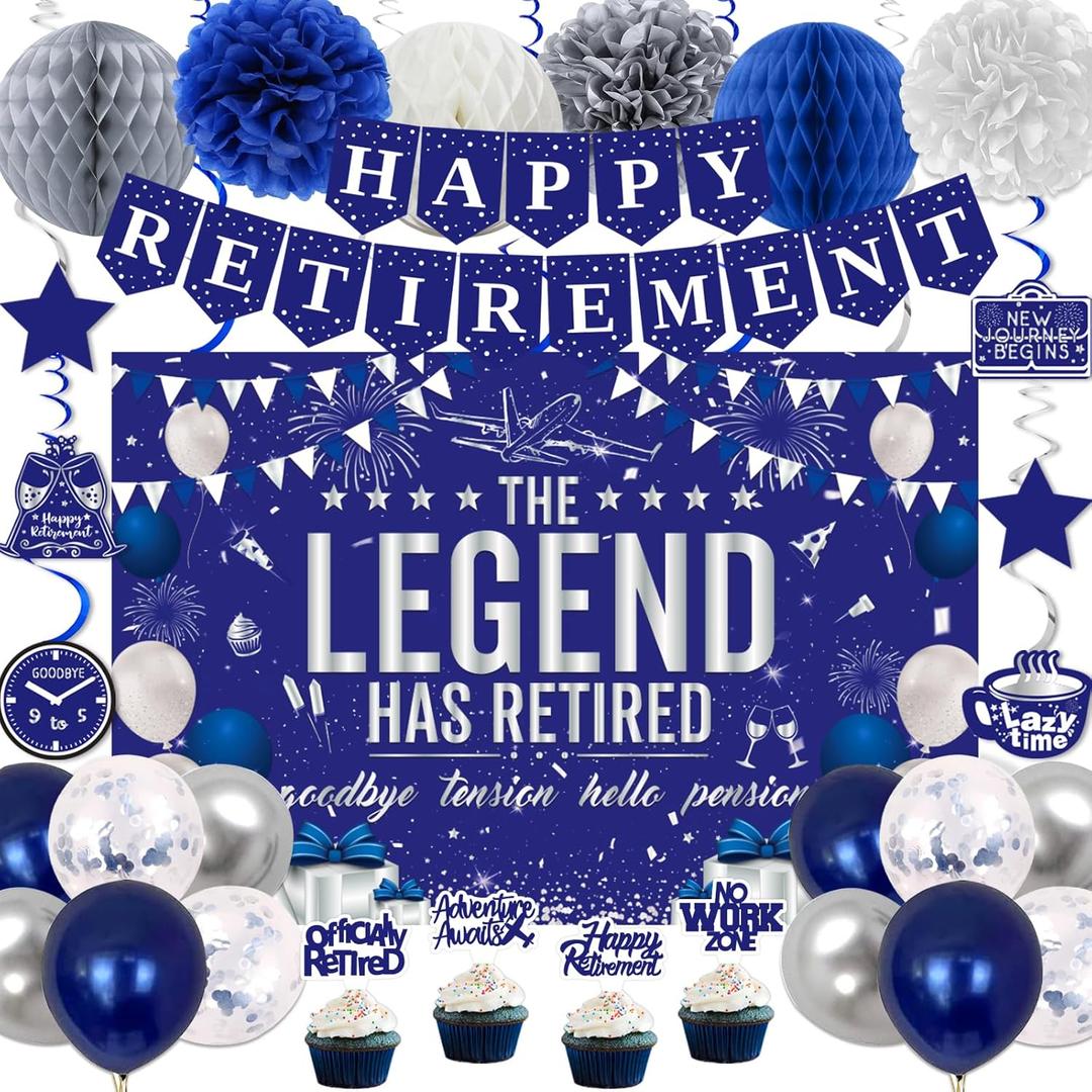 Retirement Party Decorations Blue Silver Happy Retirement Decorations for Men Women, Happy Retirement Banner, Retired Backdrop, Balloons, Pompoms, Hanging Swirls, Retired Cards, Cake Toppers Set 54pcs