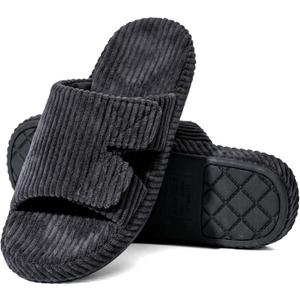 Unisex Slippers with Low Arch Support Striped Slip On | Adjustable Indoor House Shoes with Rubber Sole Corduroy Insole and Linen for Men Women