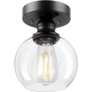 Industrial Semi Flush Mount Ceiling Light, Vintage Hanging Ceiling Lamp, Seeded Glass Pendant Lamp Shade, Farmhouse Light Fixture for Porch Hallway Corridor Kitchen Bathroom Bedroom, Bulb Not Included (D 5.91 IN)